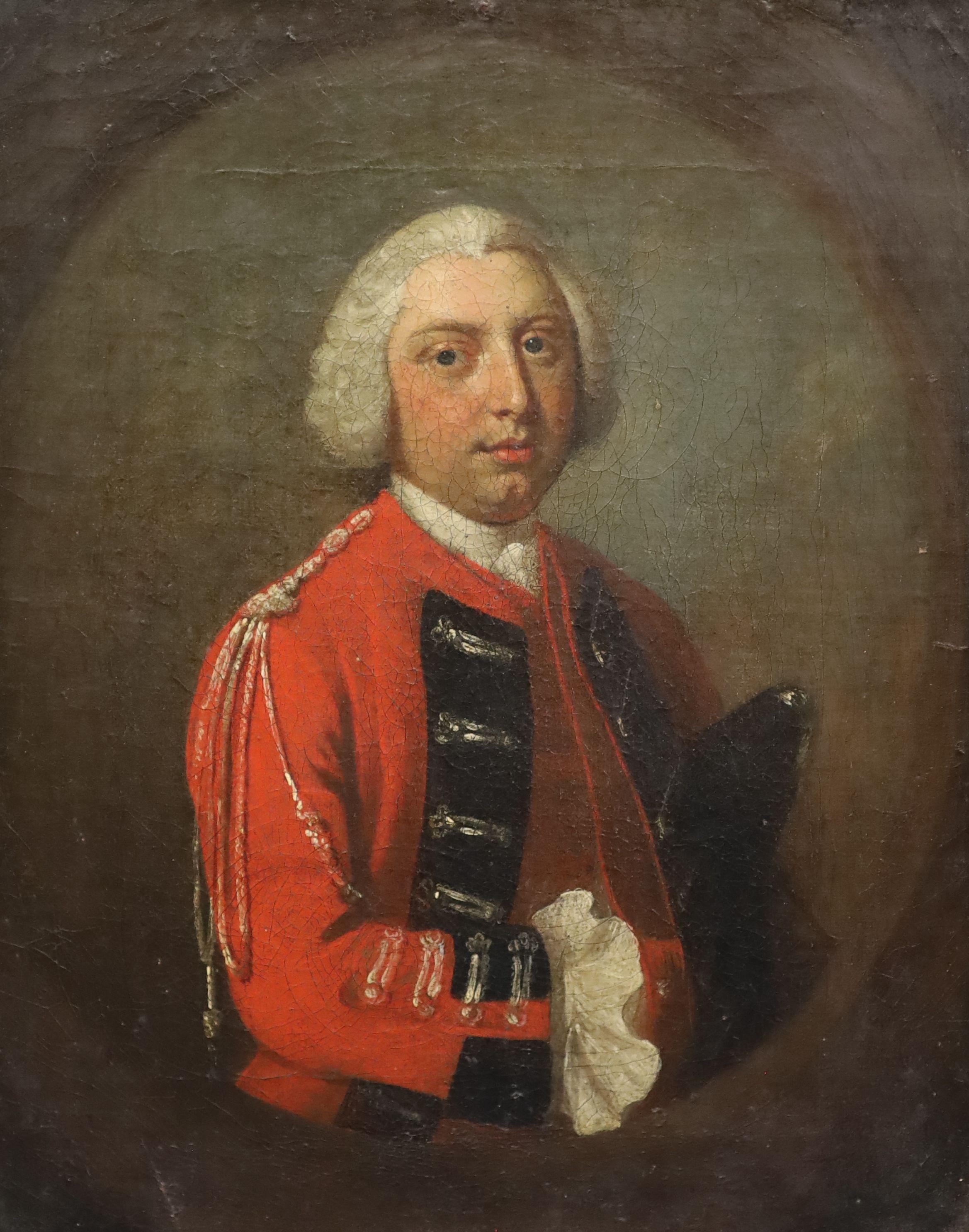 Mid 18th century English School , Portrait of an army officer wearing a scarlet coat, oil on canvas, 30.5 x 24cm